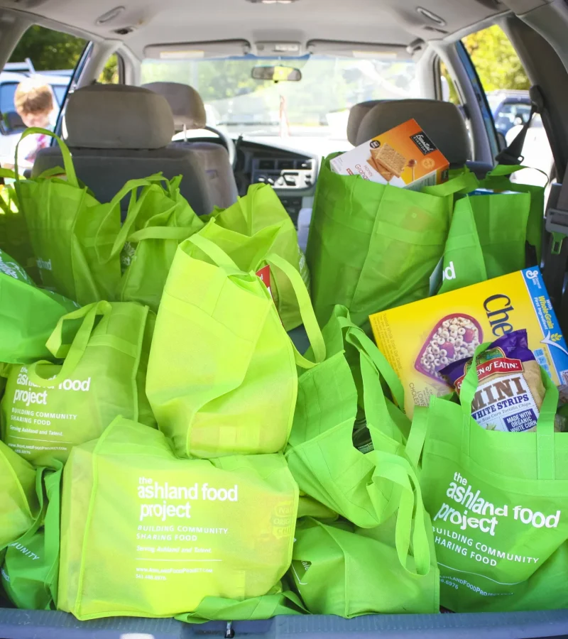 Green Food Project bags filled with food donations loaded in the back of a car